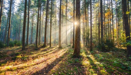 Obraz premium Golden Sun Rays Breaking Through Dense Pine Forest on a Crisp Autumn Morning