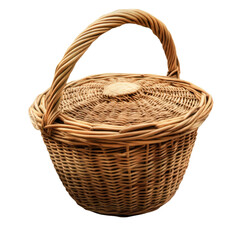 Obraz premium a rustic woven basket with a lid and a sturdy wicker handle, isolated on transparent background png