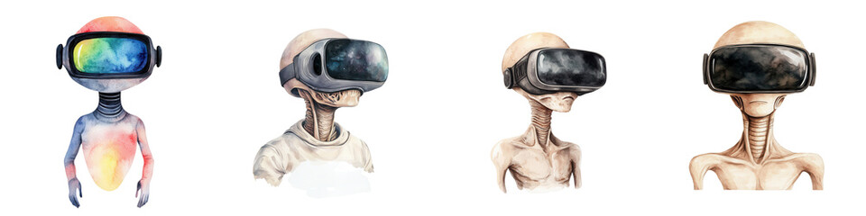 Fototapeta premium Alien characters in virtual reality headsets, exploring new worlds, isolated on transparent background.