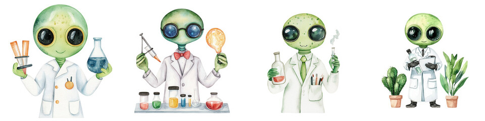 Alien scientists with lab equipment, showcasing creativity and curiosity, isolated on transparent background.