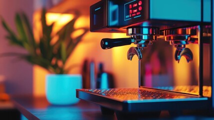 Coffee machine with vibrant design, soft lighting, cozy kitchen setup