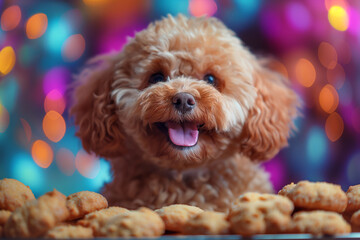 Adorable cockapoo puppy with cookies in a colorful bokeh background looks cute and happy