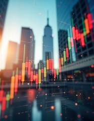 Digital forex trading chart overlaid on city skyline. Growing candlestick indicators reflect financial market trends. Double exposure effect blends financial data with urban environment. Financial