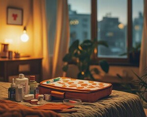 First aid kit with vibrant contents, soft lighting, cozy health setup