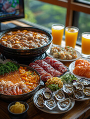 Obraz premium A Lavish Table Spread Featuring Open-Air Hot Pot and Seafood