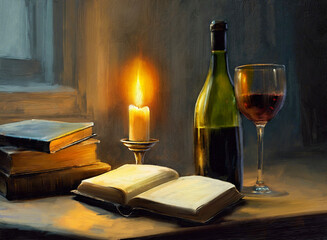 Still life with candle and book, oil paintings still life, artwork