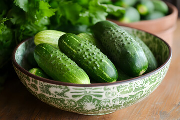 Fresh Cucumbers in a Decorative Bowl Surrounded by Greenery - Healthy Eating Concept