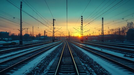 Obraz premium Sunrise over railway tracks. Concept of travel, transportation, and journey.