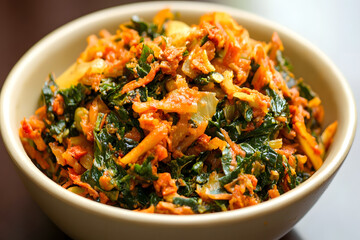 Freshly prepared vegetable stir-fry garnished with spices in a bowl, healthy meal option