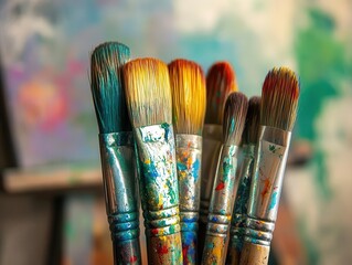 Fototapeta premium Paintbrushes with vibrant bristles, soft lighting, cozy art studio