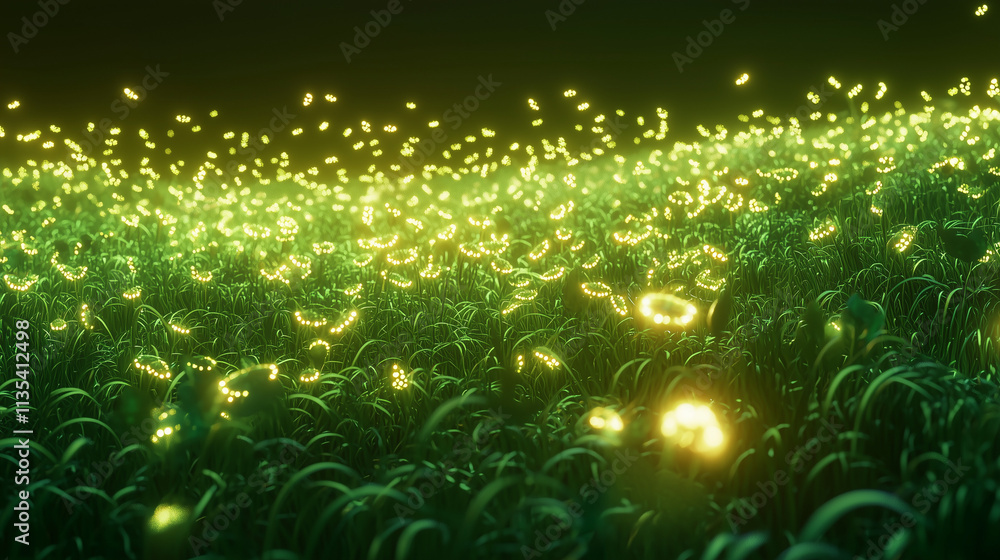 Poster a digital rendering depicts a vast field of green grass with numerous glowing yellowgreen rings and 