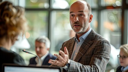 Bald man in a plaid jacket gestures while speaking to a woman.