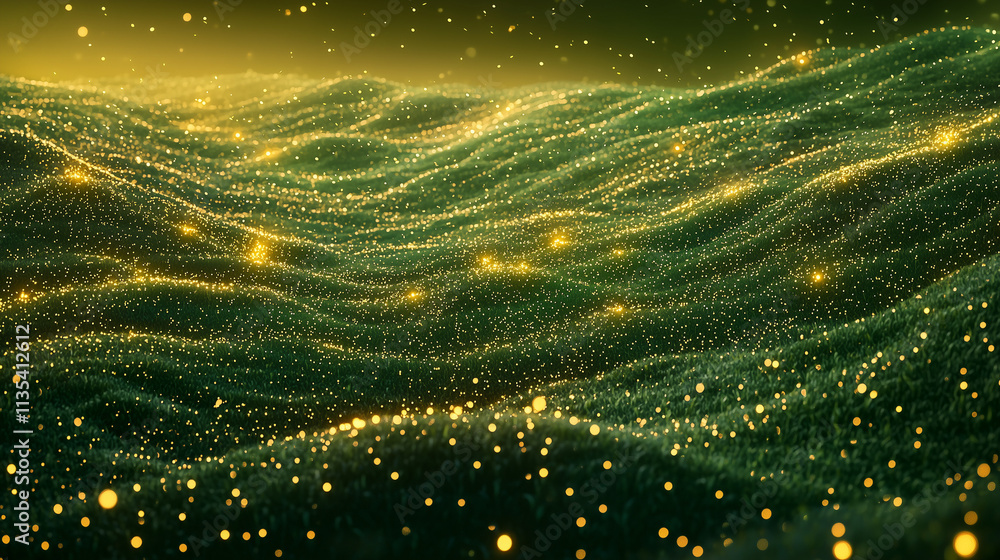 Poster a digital rendering depicts undulating green hills illuminated by countless golden particles, creati