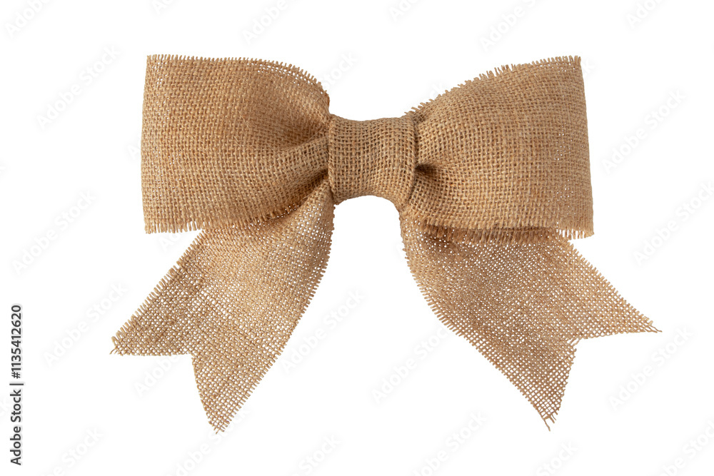 Wall mural Brown sackcloth ribbon tied bow isolated transparent png. Rustic gift packaging decor.