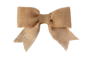 Brown sackcloth ribbon tied bow isolated transparent png. Rustic gift packaging decor.