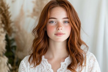 Naklejka premium A beautiful young woman adorned with freckles and wavy hair, capturing a natural and serene expression, perfect for representing youth, beauty, and natural authenticity.