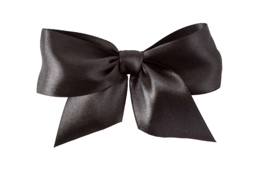 Black satin silk ribbon tied bow isolated transparent png. Dark elegant shiny ribbon tied knot. Mourning crepe. 
