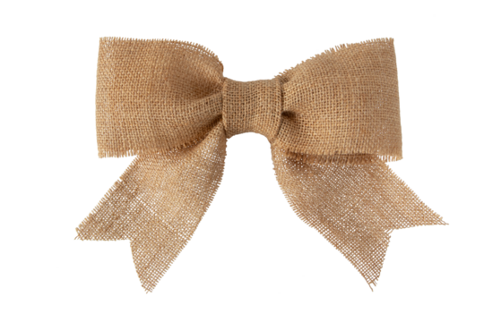 Brown sackcloth ribbon tied bow isolated transparent png. Rustic gift packaging decor.