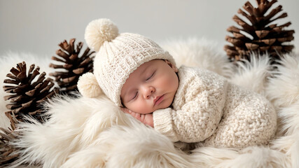 Adorable baby peacefully sleeping on a soft, fluffy blanket, surrounded by pinecones, wearing a warm knitted outfit and hat.

