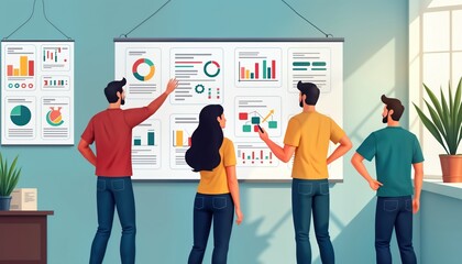 Team members analyze project details on large scrum board. Collaborative discussion occurs among tech professionals. Graphs, charts visualize project status, progress. Modern software development