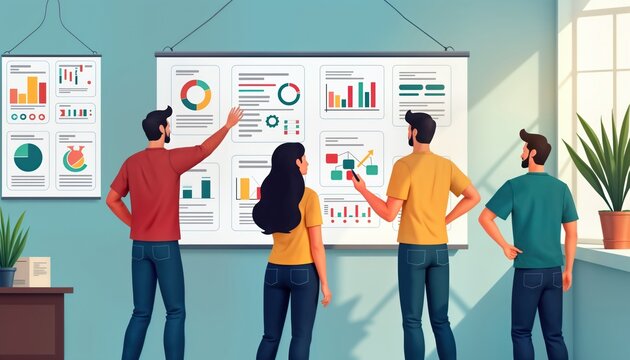 Team members analyze project details on large scrum board. Collaborative discussion occurs among tech professionals. Graphs, charts visualize project status, progress. Modern software development