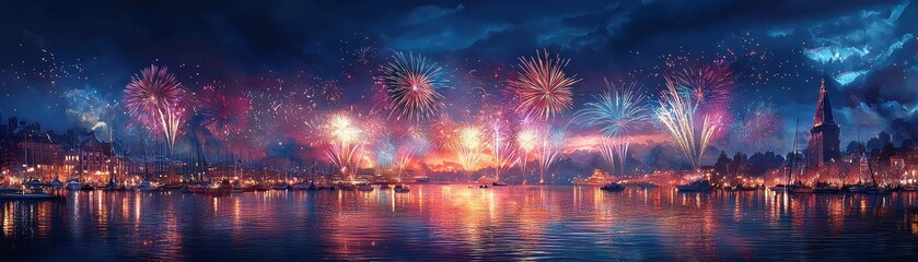 Fototapeta premium Vibrant Celebration Over Water with Colorful Fireworks Lighting Up the Night Sky and Cityscape Reflections