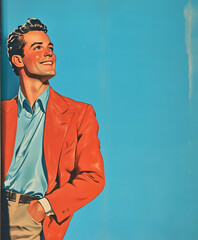 a 1950s advertising illustration of a man on blue background, room for text