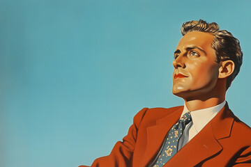 a 1950s advertising illustration of a man on blue background, room for text