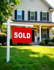 Sold sign in front of a house. Property is sold. Suburban home on a green lawn. Real estate listing or sale. Buying or selling a home. Investment property. Residential property sale.