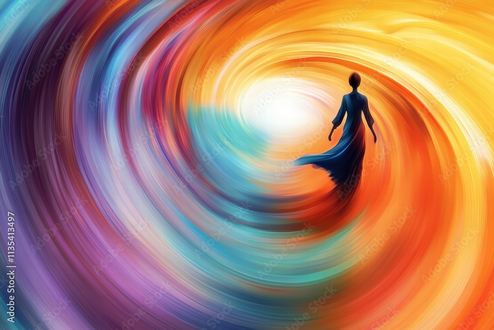 Poster fluid art composition featuring a figure in swirling vibrant colors evoking dynamic motion. generati