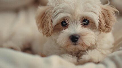 A cozy scene of a senior woman lovingly petting her small Maltese dog, enjoying quiet moments together in her comfy armchair.