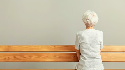 An elderly woman finds peace on a bench in a quaint church, lost in prayer and reflection, embodying serene devotion.