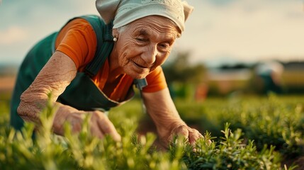Naklejka premium An elderly woman lovingly tends to her rosemary garden, harvesting fragrant herbs that inspire beautiful culinary creations.