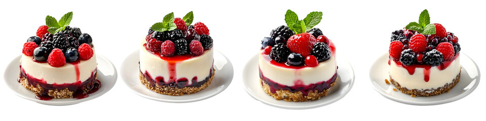 Mini Berry Cheesecakes with Fresh Berries and Mint Leaves Topping &ndash; Isolated on Transparent Background