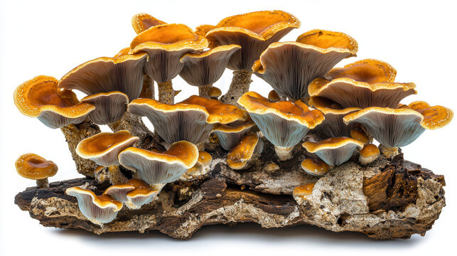 A vivid collection of orange and teal mushrooms with unique twisting stems and caps, arranged on a textured bark surface. White background ensuring complete distinction from the subject. Realistic gil