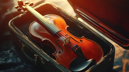 Fototapeta premium Violin in case with vibrant lighting, soft glow, elegant atmosphere