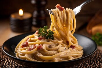Creamy Carbonara Pasta with Bacon on a Fork
