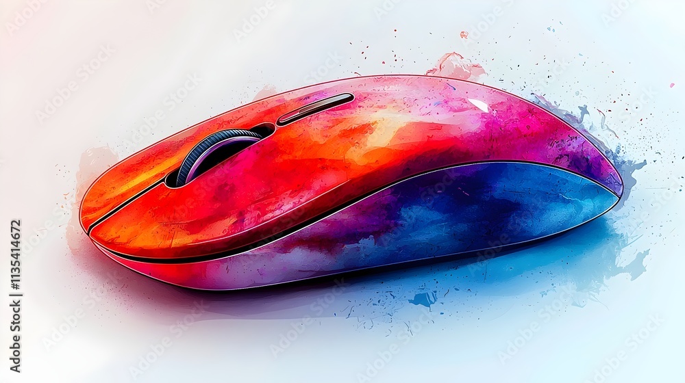 Poster a vibrant and artistic representation of a computer mouse featuring a gradient of red and blue hues,