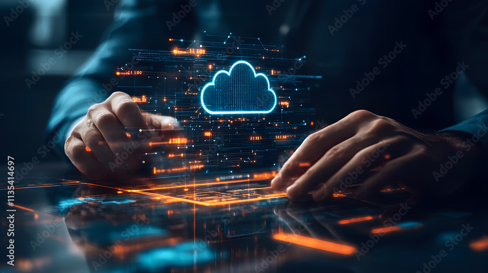 Poster a businessman working with a cloud computing diagram on a new project.