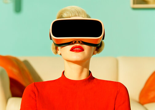 Blonde woman in 50s-inspired fashion wearing a VR headset, retro-futuristic aesthetic
