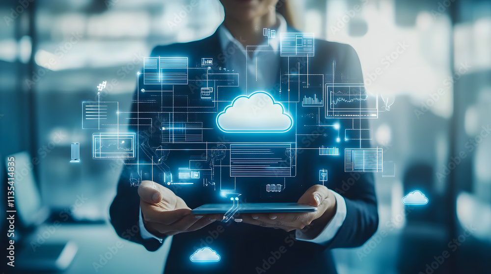 Poster a businessman working with a cloud computing diagram on a new project.