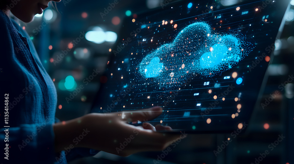 Poster a businessman working with a cloud computing diagram on a new project.