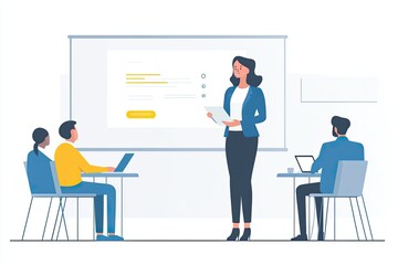 Obraz premium A teacher is standing in front of a white board with a group of students