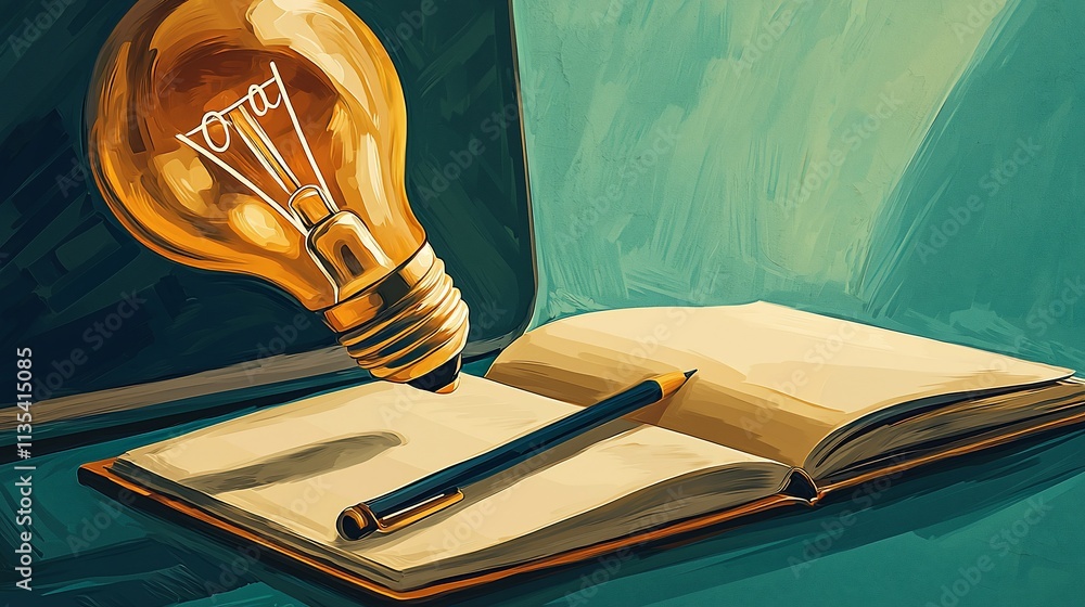 Poster glowing lightbulb over open notebook and pencil.