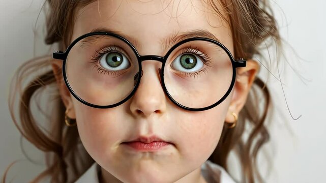 A young girl with big green eyes and brown hair dresses as a physics professor in a lab.