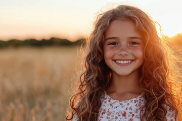 A charming girl with curly hair and freckles smiles brightly in a sunlit field at sunset, radiating warmth and joy amidst the tranquil backdrop of golden tones.