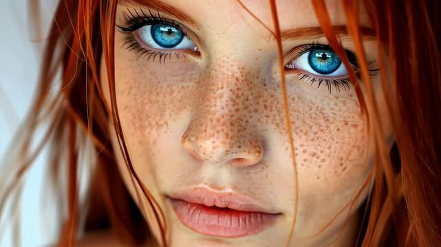 a close-up of a woman with striking blue eyes, fair skin, red hair, and prominent freckles across her face. Her gaze is intense and captivating, creating a visually striking effect
