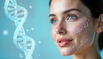 Beautiful lady undergoing polynucleotides treatment. Skin glows with revitalization. Modern tech skincare therapy enhances youthfulness. Advanced cosmetic procedure rejuvenates skin. Image emphasizes