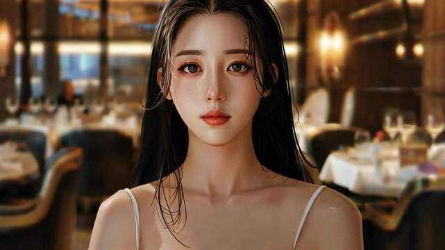 Stunning korean girl with white skin and long black hair in a tight dress on romantic date in  star restaurant