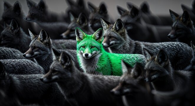 Unique green fox standing out among a crowd of gray foxes